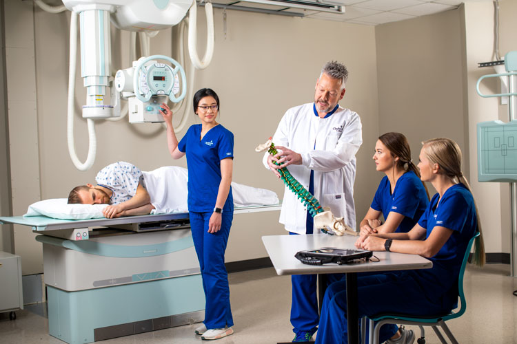 Students practicing in the Radiography and Medical Imaging Lab