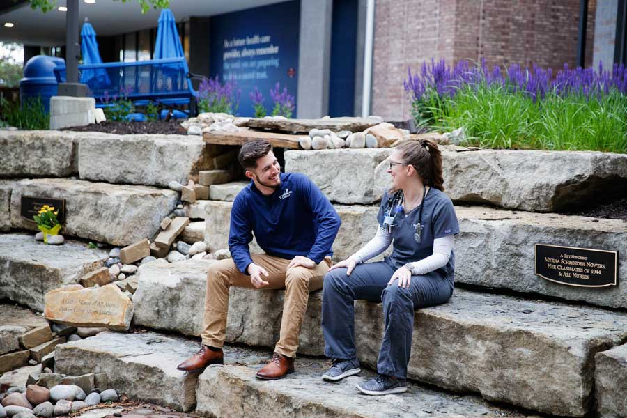 Students talking in the courtyard